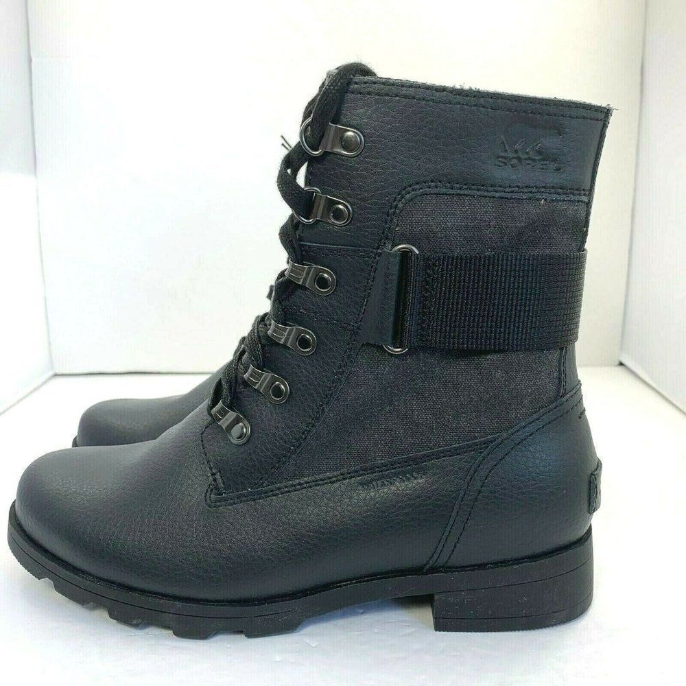 Sorel Emelie Conquest Black Leather Waterproof Youth Combat Boot Sz 1, 2, 4, 5